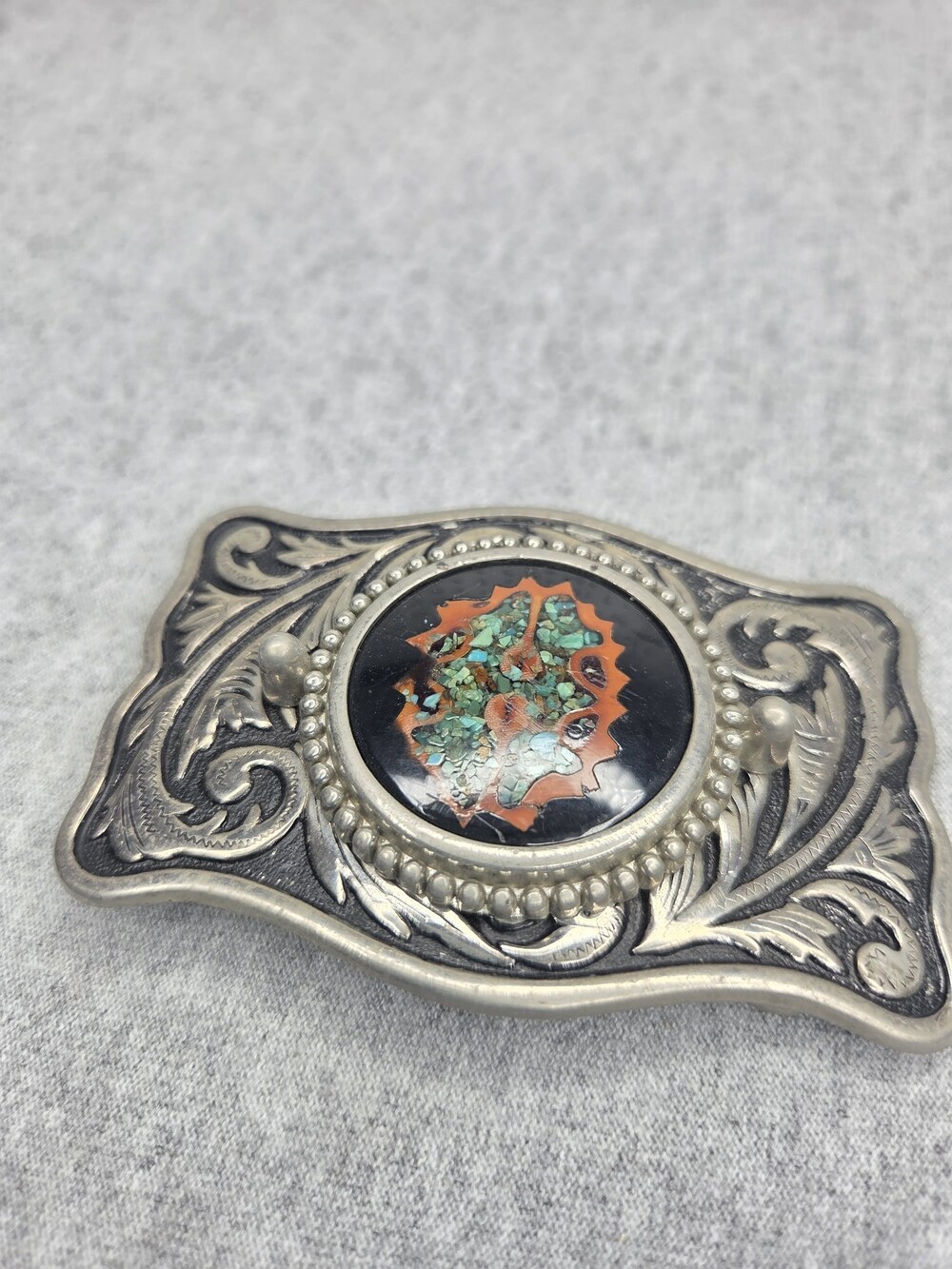 Vintage Southwestern Belt Buckle Turquoise Coral Inlay Floral Filigree Womens